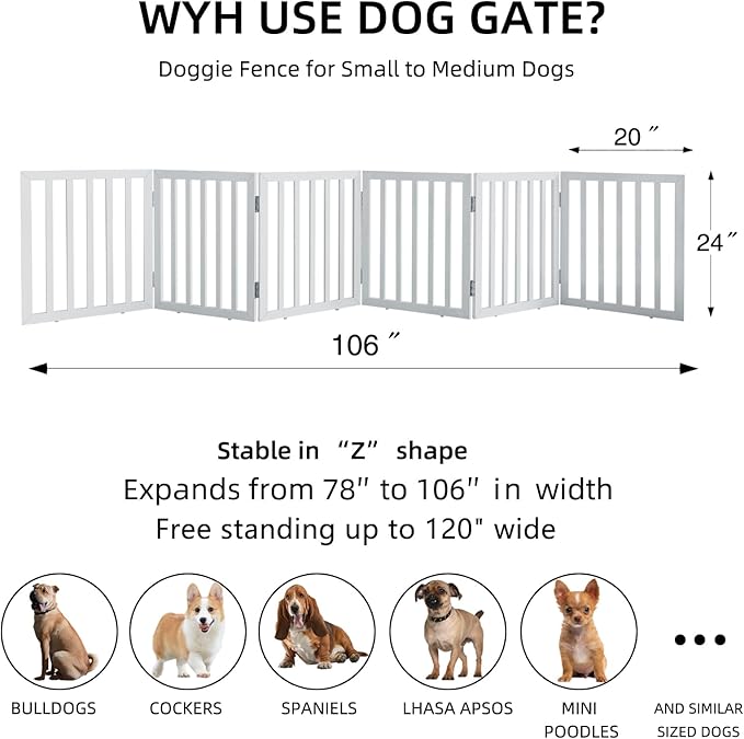 ZJSF Freestanding Indoor Dog Gate for House Foldable Wood White Puppy Gate for Doorways Pet Gate for Stairs Extra Wide Pet Fence 24" Height 6 Panels