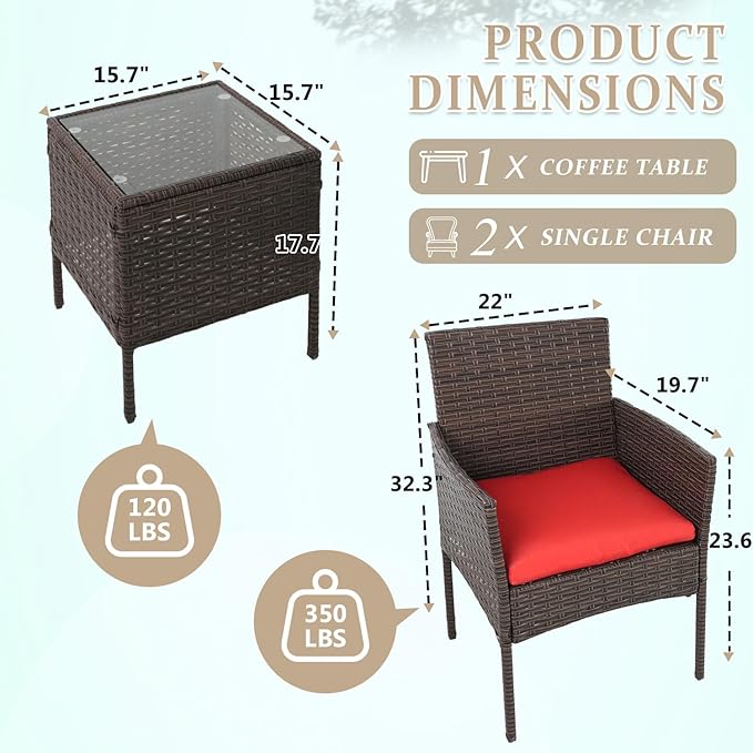 3 Pieces Patio Furniture Set, Outdoor Conversation Sets, Wicker Rattan Chairs for Garden Backyard Balcony Porch Poolside, Set with Glass Table and Soft Cushions (Brown+Red)