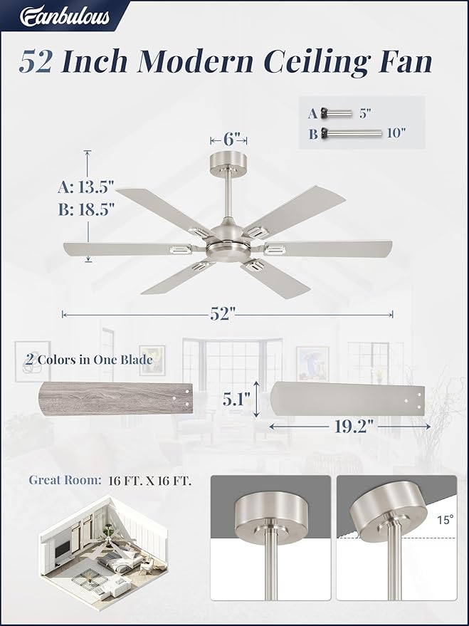 Fanbulous 52 Inch Ceiling Fans No Light with Remote, Modern Ceiling Fan Without Light, Dual Finish 6 Blades, Reversible Quiet DC Motor, 6 Speed, Large Ceiling Fan for Indoor or Covered Outdoor, Nickel