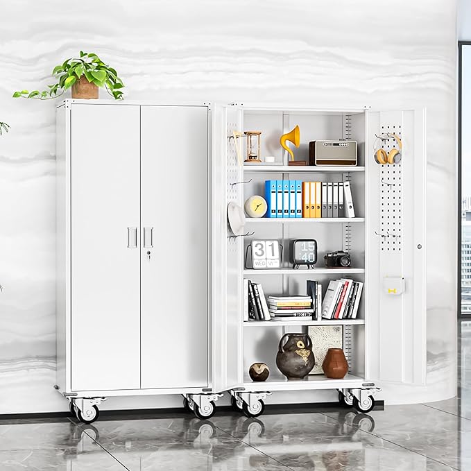 INTERGREAT Rolling Metal Cabinet with Wheels, 75" H Rolling Metal Cabinets with Pegboard, 18" D x 36" W Large Capacity Pulley Cabinet with Adjustable Shelves for Home Office, School, Garage(White)