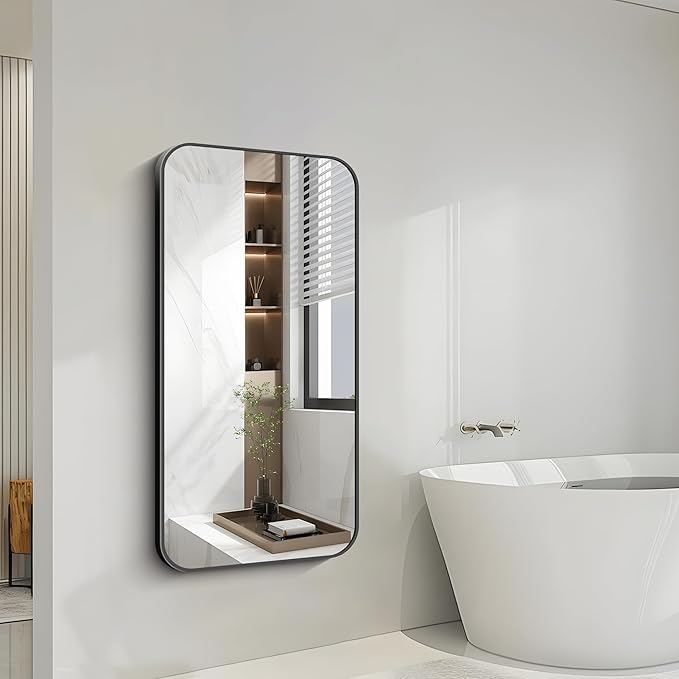 FORBATH Bathroom Mirror 48" x 24", Rectangle Black Narrow Bathroom Mirror with Black Aluminum Frame Rounded Corner, Wall Mounted Mirror for Bedroom Entryway Living Room