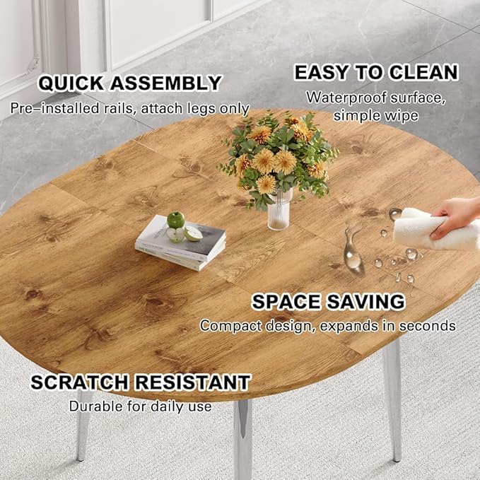 42" Round Dining Table for 4, 54" Oval Dining Table for 6, Extendable Kitchen & Dining Room Table with Metal Legs, Modern Rustic Space-Saving Adjustable Shape Dinner Table, Easy Assembly,Oak