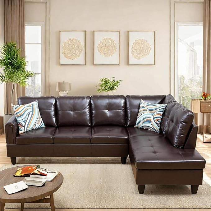 108-Inch Modular L-Shaped Sectional Sofa with Deep Seat, Modern L Shaped Cloud Couch with Chaise, Upholstered Couches for Living Room, Bedroom, Office, No Assembly Require (Leather)