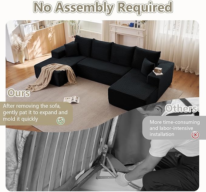 Sectional Cloud Couch for Living Room, Stupendous U Shaped Sofas, Modular Floor Deep-Seat Sofa, Big Comfy Corduroy Couches Set with Fluffy Memory Foam, No Assembly Required, Black