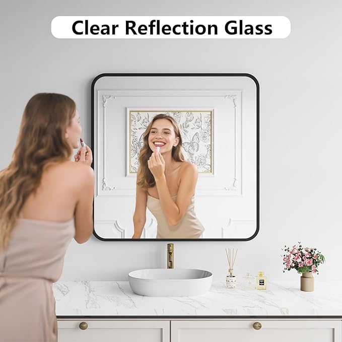 Koonmi Bathroom Mirror, 36X36 Brushed Black Metal Framed Wall-Mounted Mirror for Over Sink, HD Tempered Glass, Anti-Rust, Rounded Rectangle Mirror for Restroom, Bedroom, Hangs Horizontal or Vertical
