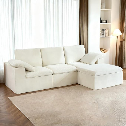 ANONER 108" Cloud Sectional Couches for Living Room, Comfy Fluffy Cloud Couch, L-Shaped Modular Sectional Sofa with Ottoman, White Beige