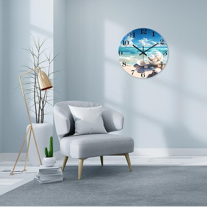 XNM Blue Round Office Wall Clock Large 16 Inch Beach Glass Clocks Battery Operated Silent Wall Clock Non Ticking