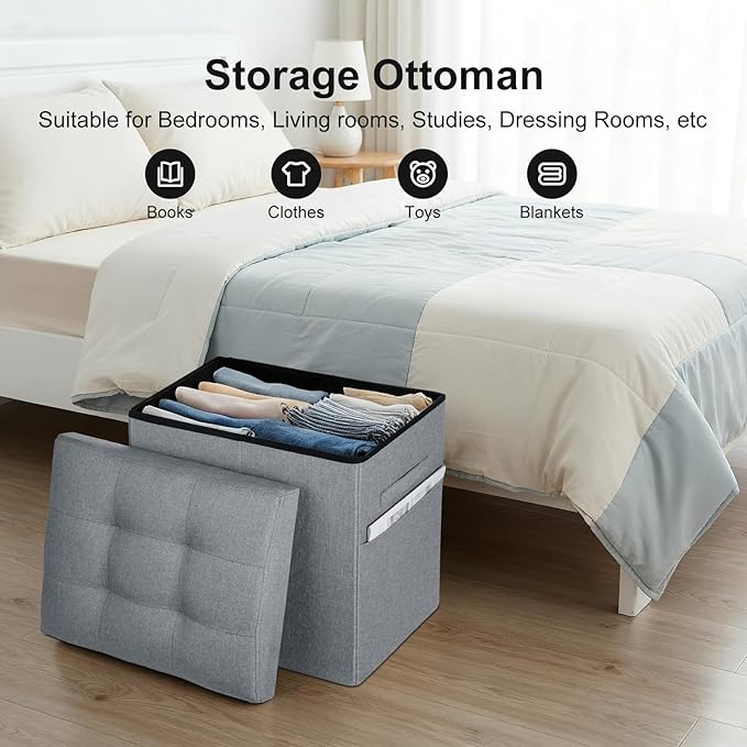 Storage Ottoman Foot Rest, 61L Slim Tall Folding Linen Foot Stool with Thicker Foam Padded Seat. Small Ottoman with Storage Bench for Bedroom Living Room, 300lbs Weight Support, 17x13x13IN, Light Gray