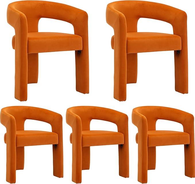 Modern Barrel Dining Chairs Set of 5, Velvet Upholstered Accent Side Chair with Arms Comfy Makeup Vanity Chairs, Dining Living Room Kitchen Chairs, Orange