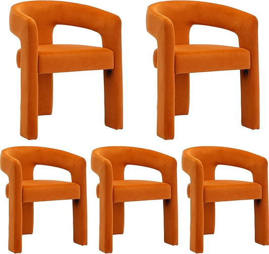 Modern Barrel Dining Chairs Set of 5, Velvet Upholstered Accent Side Chair with Arms Comfy Makeup Vanity Chairs, Dining Living Room Kitchen Chairs, Orange