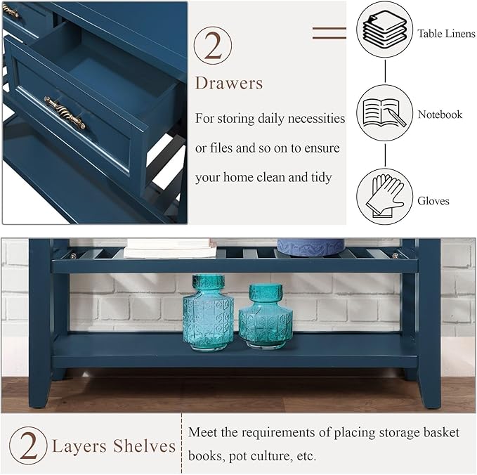 KEIKI 42”L Pine Solid Wood Entryway Console Table with 2 Storage Drawers, Mid-Century Retro Behind Couch Sofa Table with 2 Tiers Open Shelf for Hallway, Entrance, Entry Way, Living Room, Foyer