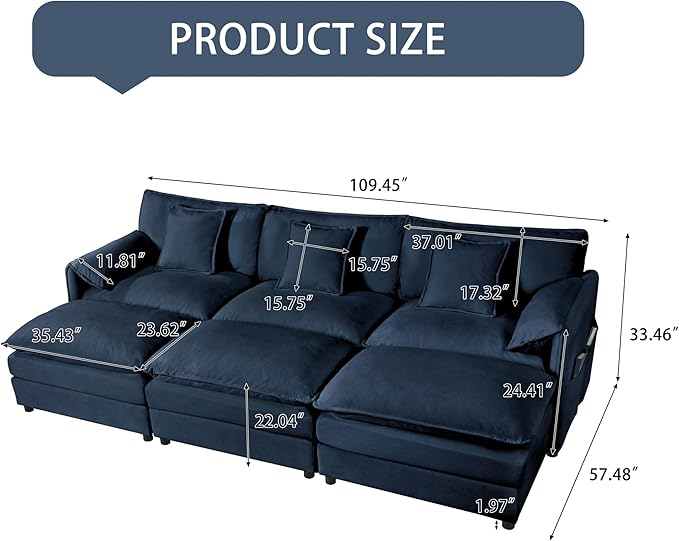 109.45" Oversized Extra Deep Seat Modern Chenille Cloud Couch, Large 3 Seater Modular Sofa for Living Room,Convertible Sofa Bed,Bedroom Apartment Office(Blue, 109.45 Inch+3Ottoman)