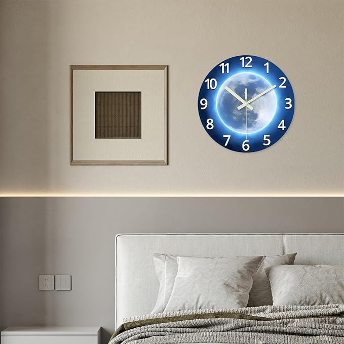 Blue Decorative Wall Clock for Kids 16 Inch Large Glow in The Dark Clock for Living Room Decor Analog Wall Clock Silent Non Ticking