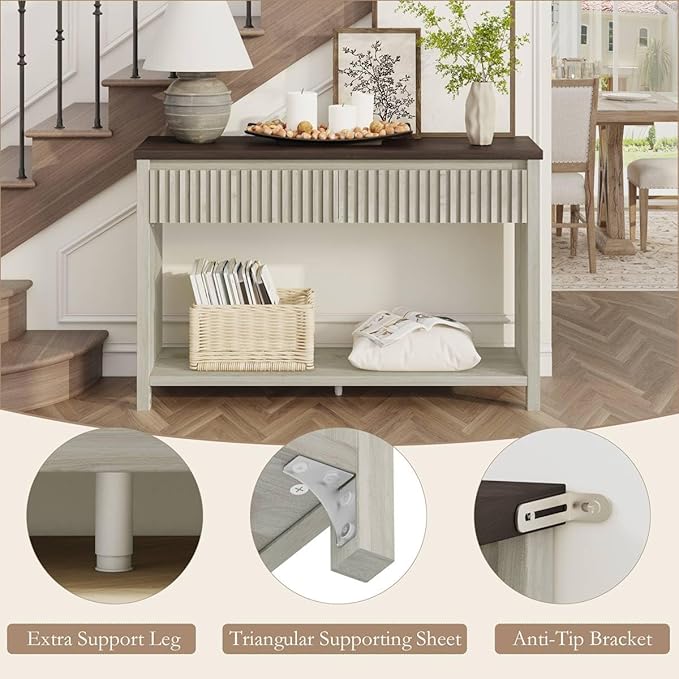 BON AUGURE Entryway Table with Storage, 47In Console Table with 2 Drawers, Two-Tier Sofa Console Tables for Living Room, Modern Hallway Tables, Walnut and Washed Grey Oak