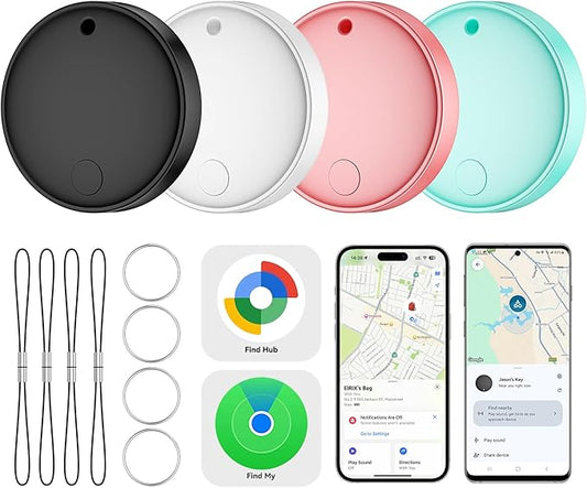 Dual System Smart Tag Tracker for iOS and Android, Smart Bluetooth Tracker Work with Apple Find My or Google Find Hub App, Keys Finder Item Locator, IP67 Waterproof (Macaroon, 4 Pack)