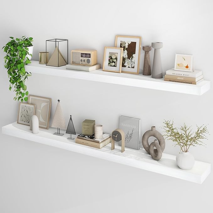 Fun Memories 66 Inch Fireplace Mantel - Long Floating Shelf, Wall Mounted Farmhouse Display with Invisible Heavy Duty Metal Bracket, White, 2 Pack