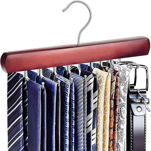 Tie Rack Hanger for Closet, Wooden Tie Hangers for Men with 18 Folding Hooks, Space Saving Tie Holder Neck Tie Organizer for Men Ties, Belts, Bras, Scarves, Tank Tops (Mahogany)