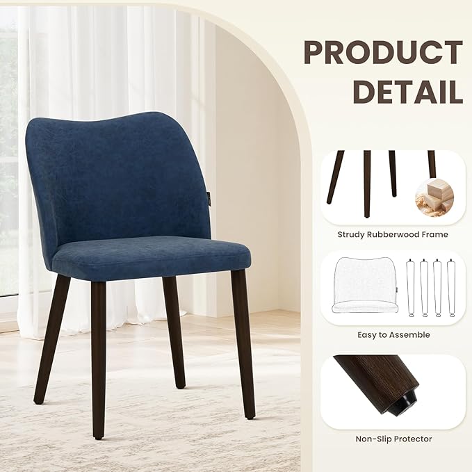 Wooden Dining Chairs Set of 2, Upholstered Kitchen Dining Room Chair, Modern Farmhouse Dinner Chair for Restaurant & Cafe, Blue