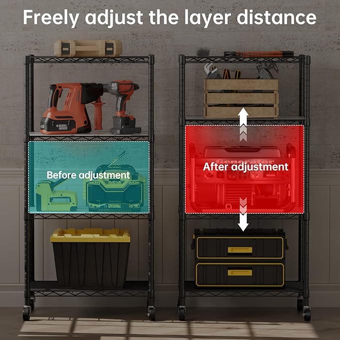 SINGAYE 4 Shelves Storage Shelf Wire Closet Bathroom Organizers Metal Pantry Kitchen Garage Shelving Unit Laundry Room Organization Home Rack Net Basket Black with Wheels