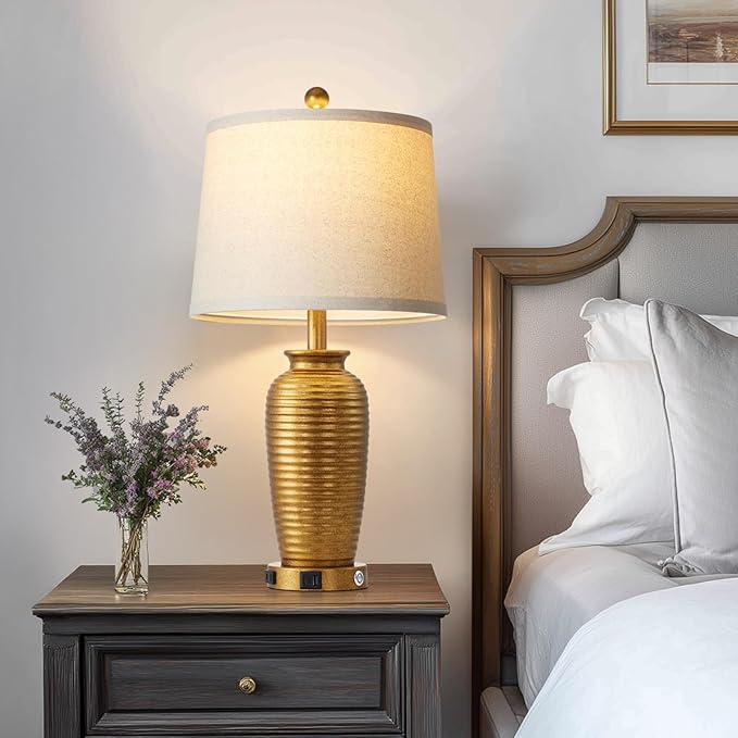 25" Retro Gold Farmhouse Jar Table Lamps Set of 2, 3 Way Touch Control Rustic Bedside Lamps with USB A+C Ports & AC Outlet, Pot Nightstand Lamps for Bedroom Living Room (LED Bulbs Included)