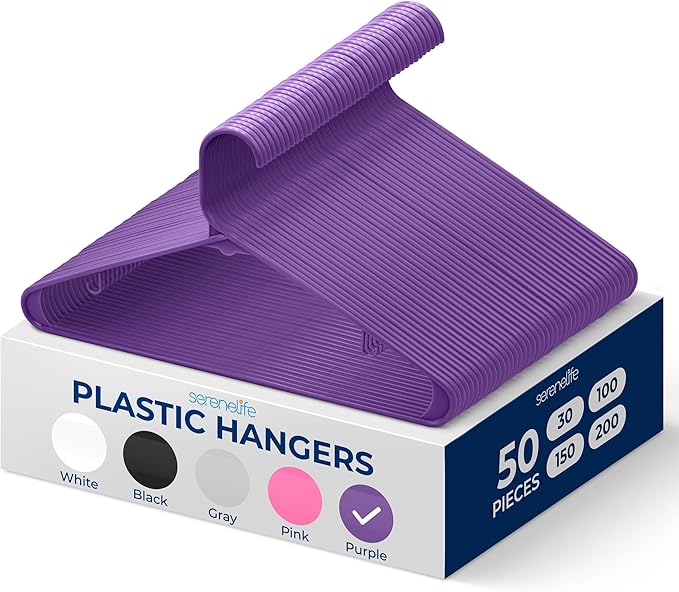 SereneLife 50 Pack Plastic Hangers, Non-Slip, Space-Saving Closet Organizers, Durable and Strong for Shirts, Sweaters, Hoodies, Kids Clothes & Dresses, Ultra-Thin, Lightweight