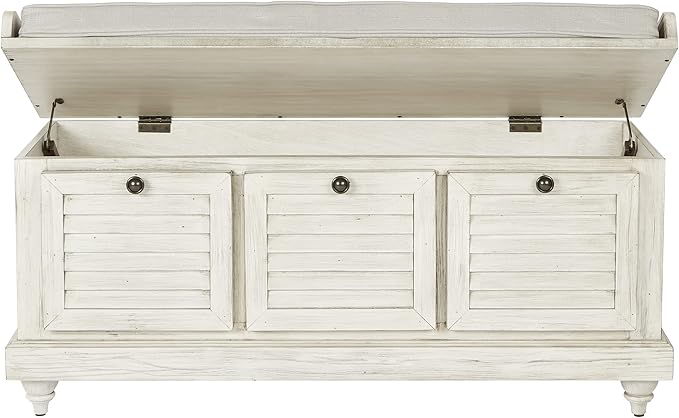 OSP Home Furnishings Dover Coastal Lift-Top Storage Bench with Shutter Face Styling, White Wash Finish with Off-White Fabric Cushion