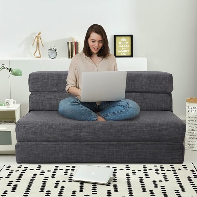 ANONER 60" Fold Sofa Bed Couch Memory Foam with 2 Pillows Futon Sleeper Chair Guest Bed and Fold Out Couch, Washable Cover Queen Size, Dark Gray