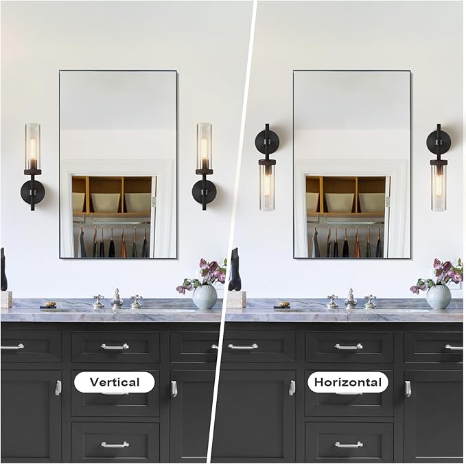 14" Bathroom Vanity Wall Sconces,Matt Black Wall Sconces Set of Two,Glass Tube Sconces Wall Lighting Indoors,Wall Lights for Mirror, Living Room, Bedroom, Hallway
