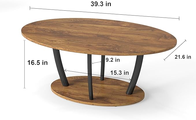 Manora Rustic Small Oval Coffee Table for Living Room, Narrow Wood Center Table with Shelf, Retro Style Coffee Table with Curved Metal Legs, Stable and Easy Assembly, Rusric Brown
