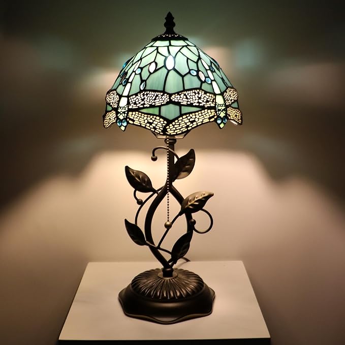 Small Stained Glass Lamp Sea Blue Dragonfly Style Table Lamps Desk Bedside Reading Light 8X8X18 Inches with Bronze Metal Leaf Resin Base