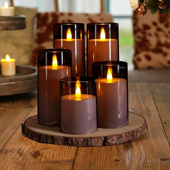 Homemory Realistic Flickering Flameless Candles, Battery Operated Candles, LED Fake Electric Candle with Remote Control and Timer for Home, Christmas Decoration, Grey, Set of 5