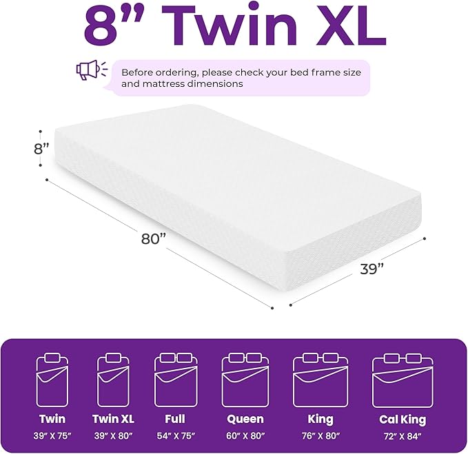 GAESTE 8 Inch Twin XL Cooling Gel Memory Foam Mattress for Cool Sleep Medium Firm CertiPUR-US Certified Foam, Mattress in a Box Pressure Relief Removable Cover No Fiberglass (Twin XL, 8 in)