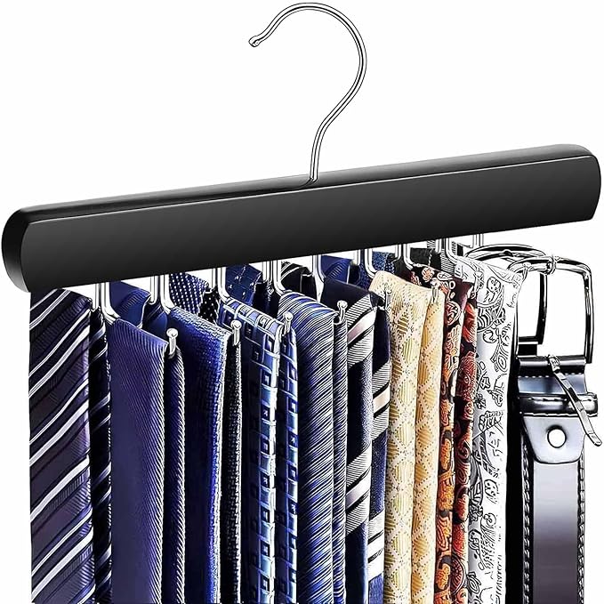 Tie Rack Hanger for Closet, Sleek Tie Hangers for Men with 18 Upgraded Folding Hooks, Space-Saving Tie Holder Neck Tie Organizer for Men Ties, Belts, Bras, Scarves, Tank Tops (Black)