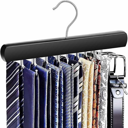 Tie Rack Hanger for Closet, Sleek Tie Hangers for Men with 18 Upgraded Folding Hooks, Space-Saving Tie Holder Neck Tie Organizer for Men Ties, Belts, Bras, Scarves, Tank Tops (Black)