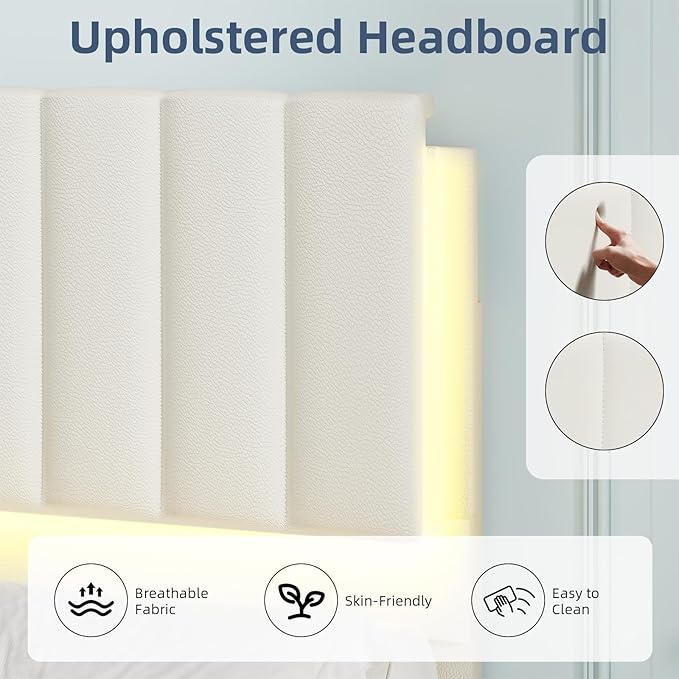 Twin Upholstered Bed Frame with LED Lights, Faux Leather Platform Bed with Headboard and Wooden Slats Support, No Box Spring Needed, Noise-Free, Easy Assembly, Cream