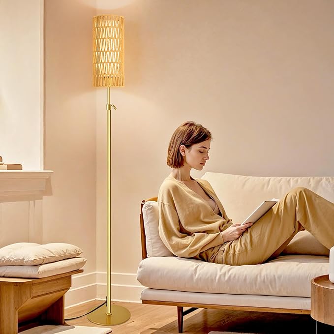 Gold Floor Lamps for Living Room Boho Rattan Floor Lamp with Remote Control & 3 Color Temperature Vintage Wicker Standing Lamp Dimmable Tall Floor Lamp for Bedroom Living Room Corner
