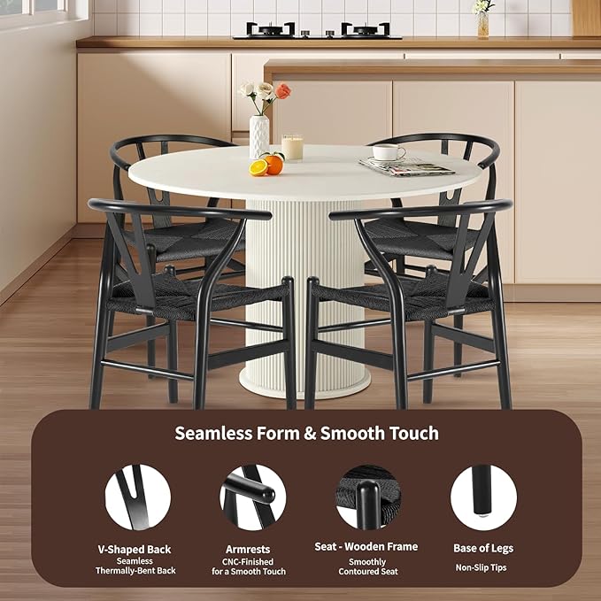 Tomile Wishbone Chair Y Chair, Wooden Dining Chairs, Mid Century Modern Chairs with Arms, Solid Wood Weave Seat Kitchen & Dining Room Chairs (Ash Wood - Black)