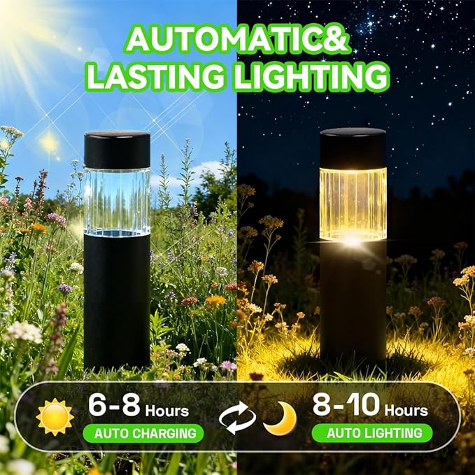 Solar Pathway Lights Outdoor Waterproof, 4 Pack Stainless Steel Stake Lights, Bright 35LM 3000K Warm White LED, IP65 Auto On/Off Landscape Lighting for Garden, Yard, Lawn, Walkway, Patio, Driveway