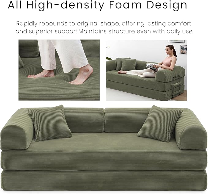 Compression Sofa - 79'' Convertible Sofa Bed, Boneless Couch in a Box, Modular Corduroy Foldable Sleeper Sofa with 2 Pillows, Loveseat Couches for Living Room (Corduroy Fabric, Green)