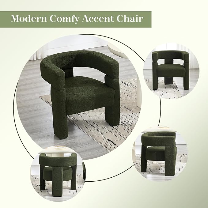 Sherpa Barrel Dining Chair, Upholstered Boucle Accent Kitchen Chairs with Arms, Comfy Faux Fur Side Chair Modern Armchair for Dining Room, Bedroom, Home Office, Green