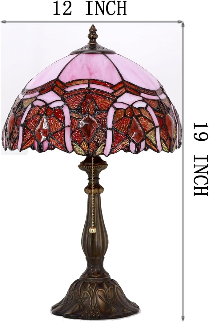 Tiffany Table Lamp Stained Glass Lamp 12X12X19 Inch Antique Reading Light (Pink Jewelry)