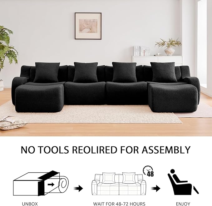 Black 3-Seater Cloud Couch, Modern Teddy Fabric Boneless Sectional Sofa in a Box for Living Room, Modular Floor Couch, Deep Seat, No Assembly Required, Sofas para Sala
