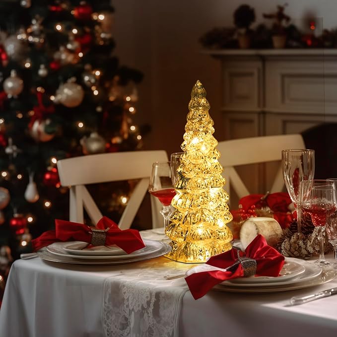 Christmas Tree Glass Decorative LED Light: 13.5" Tall, Battery Operated Holiday Tabletop Ornament, Frosted Glass Christmas Home Decor, Xmas Tree Night Light for Indoor Decor White