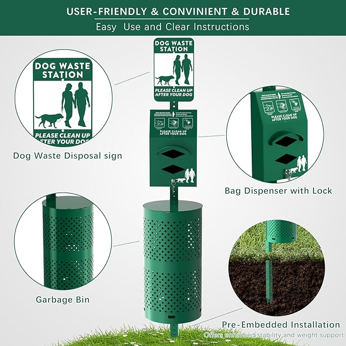 Aluminum Rustproof Dog Waste Disposal Station for Pet Parks – 10 Gallon Outdoor Pet Poop Station with Reflective Sign & Lid – Durable Trash Bin for Backyard Dog Waste