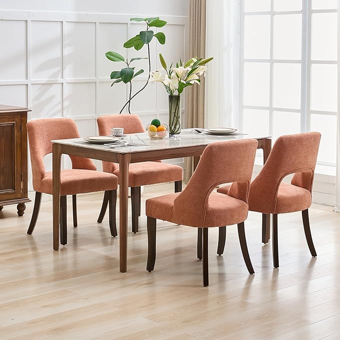 UVV Wooden Dining Chairs Set of 2, Mid Century Modern Upholstered Dining Room Chair Kitchen Chairs, Chenille Dinner Chair with Solid Wood Legs for Kitchen Dining Room, Orange-Chenille