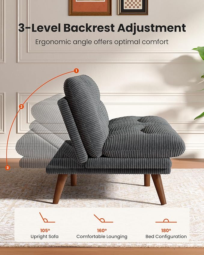 Amada 66" Convertible Futon Sofa Bed, Corduroy Folding Futon Set with Adjustable Backrest &Armrests, Recliner Lounge for Living Room, Apartment or Office, Solid Wood Frame, Loveseat Sofa - Grey