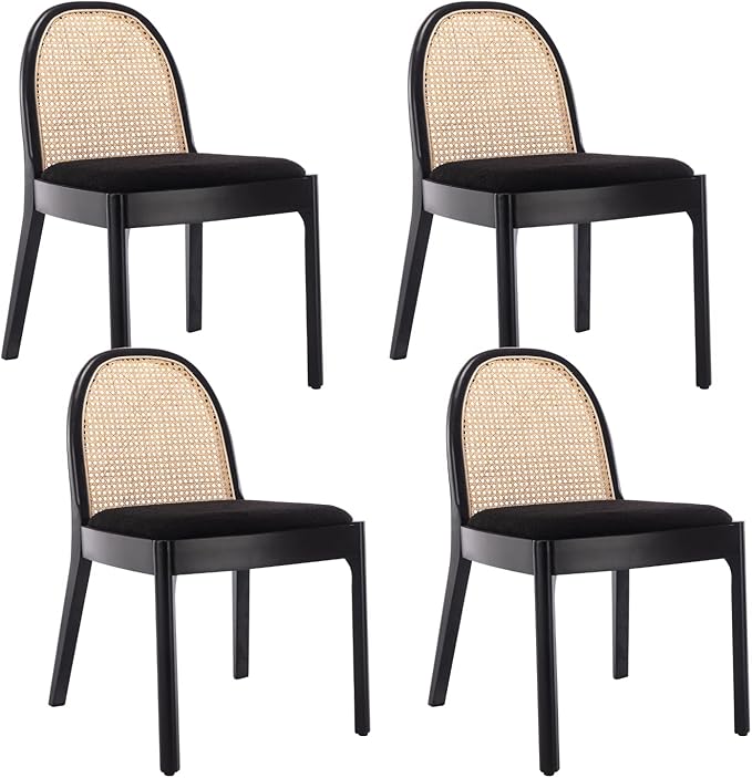 HEAH-YO Rattan Dining Chairs Set of 4, Upholstered Sherpa Dining Room Chairs with Backrests, Modern Kitchen Chairs with Wood Legs for Dining Room, Black