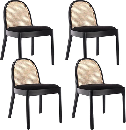 HEAH-YO Rattan Dining Chairs Set of 4, Upholstered Sherpa Dining Room Chairs with Backrests, Modern Kitchen Chairs with Wood Legs for Dining Room, Black