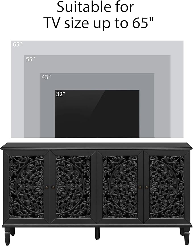 Retro 60'' Large Storage Cabinet Sideboard with 4 Hollow-Carved Doors and Adjustable Shelves, Acacia Wood Vintage Entryway Console Table TV Stand for Living Room Dining Room (Black-LK)