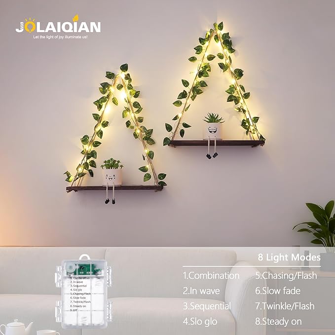 Floating Shelves for Wall, Hanging Shelves with Artificial Pothos LED String Light, No Drilling Hanging Shelf, Wood Hanging Plant Shelves for Wall Décor, Boho Decor, Art Bedroom, 2 Pack